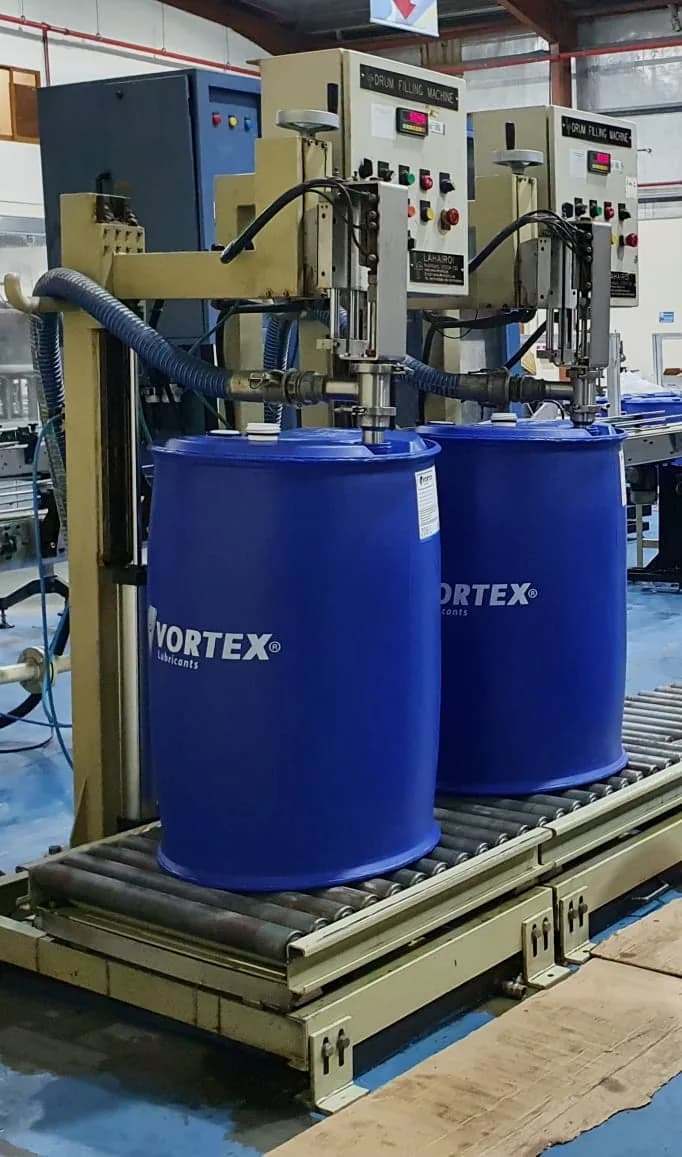 Blue Vortex drums positioned under the drum filling head