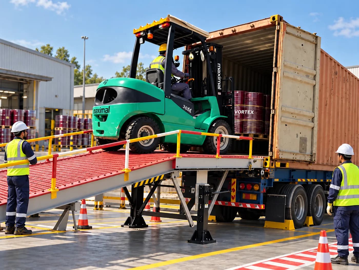A forklift loading red Vortex drums into a sea container from a dock ramp
