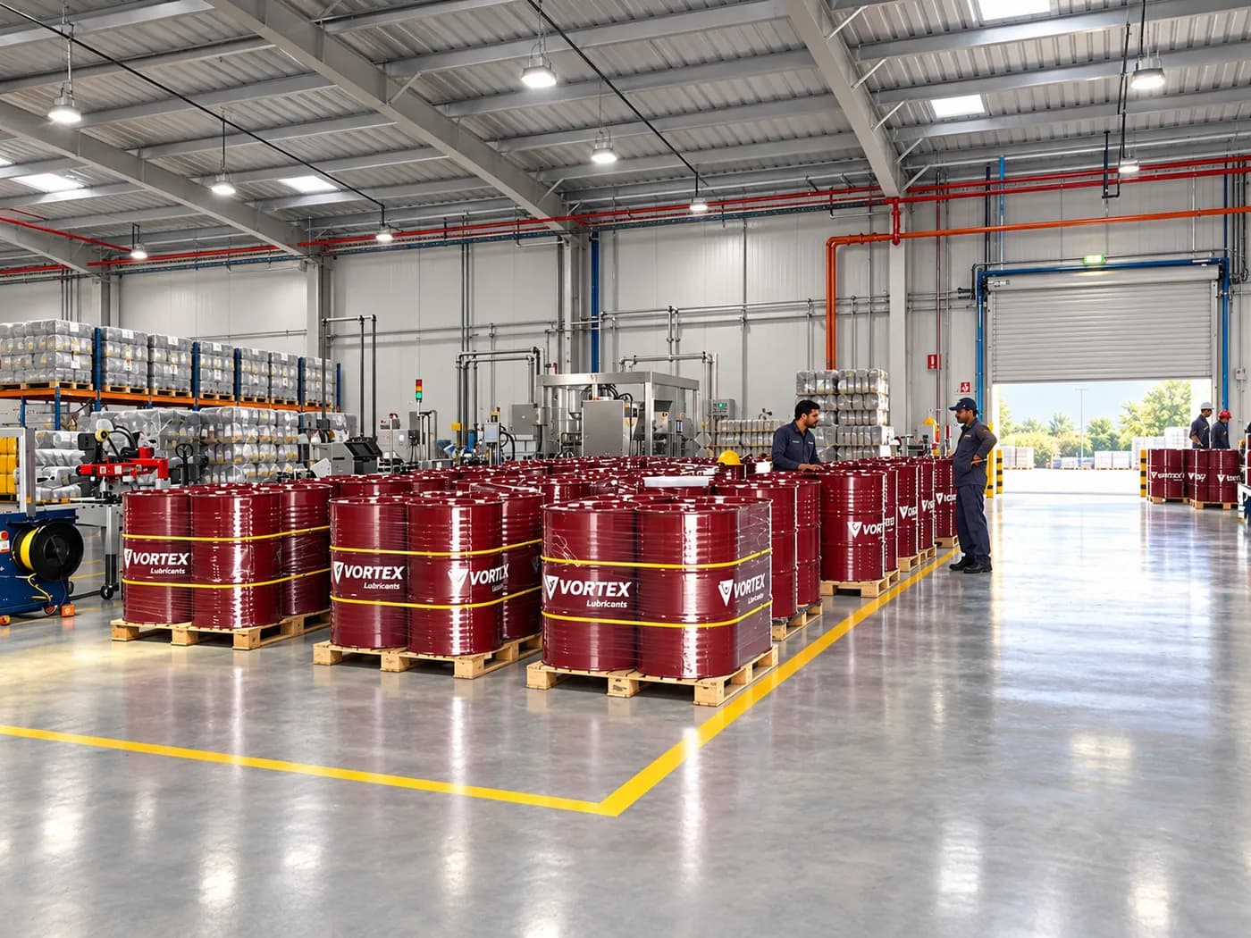 Red Vortex drums on pallets across the plant floor, with operators and blending tanks behind