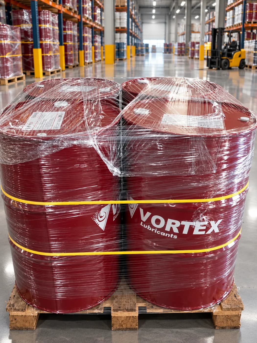 A shrink-wrapped pallet of red Vortex drums strapped in yellow on the warehouse floor