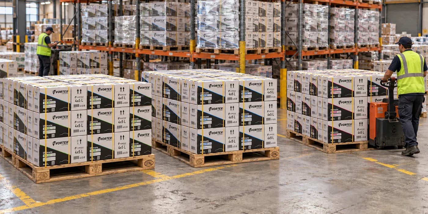 A worker moving a pallet of Vortex 4x5 L cartons with a pallet truck in the warehouse