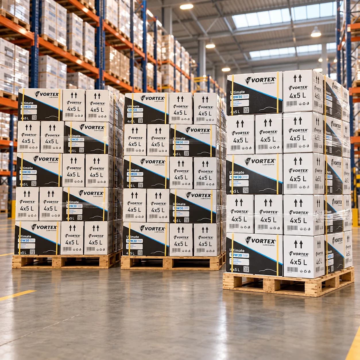 Three pallets of Vortex Ultimate 10W30 4x5 L export cartons, strapped and stacked, in a racked warehouse aisle