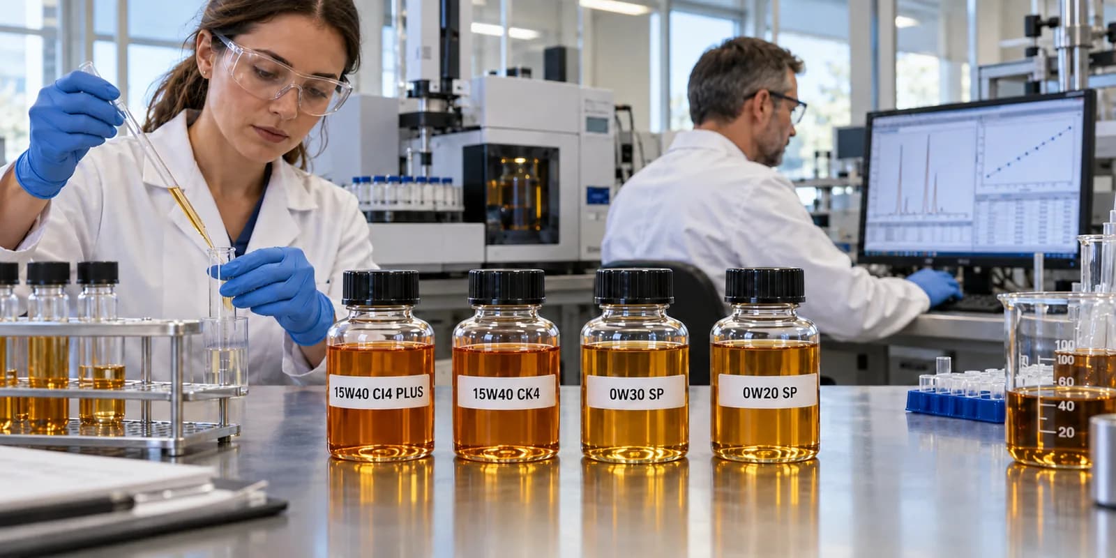 Two technicians in a laboratory examining oil samples, with bottles labelled 15W40 CI4 PLUS, 15W40 CK4, 0W30 SP and 0W20 SP on the bench