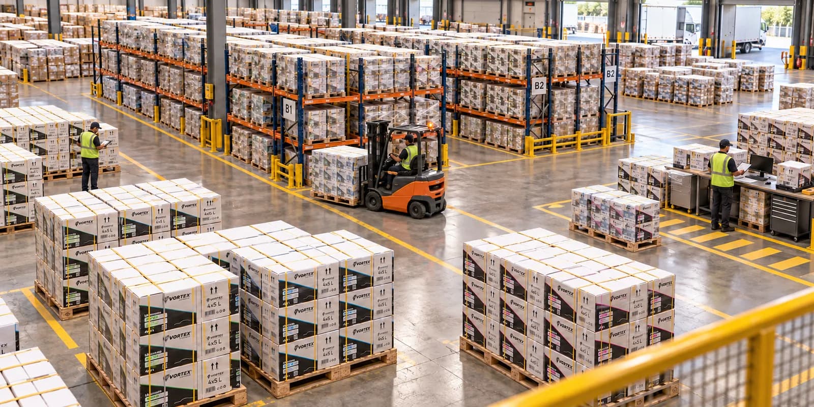 The VORTEX warehouse seen from above, with palletised cartons in racking and a forklift working the floor
