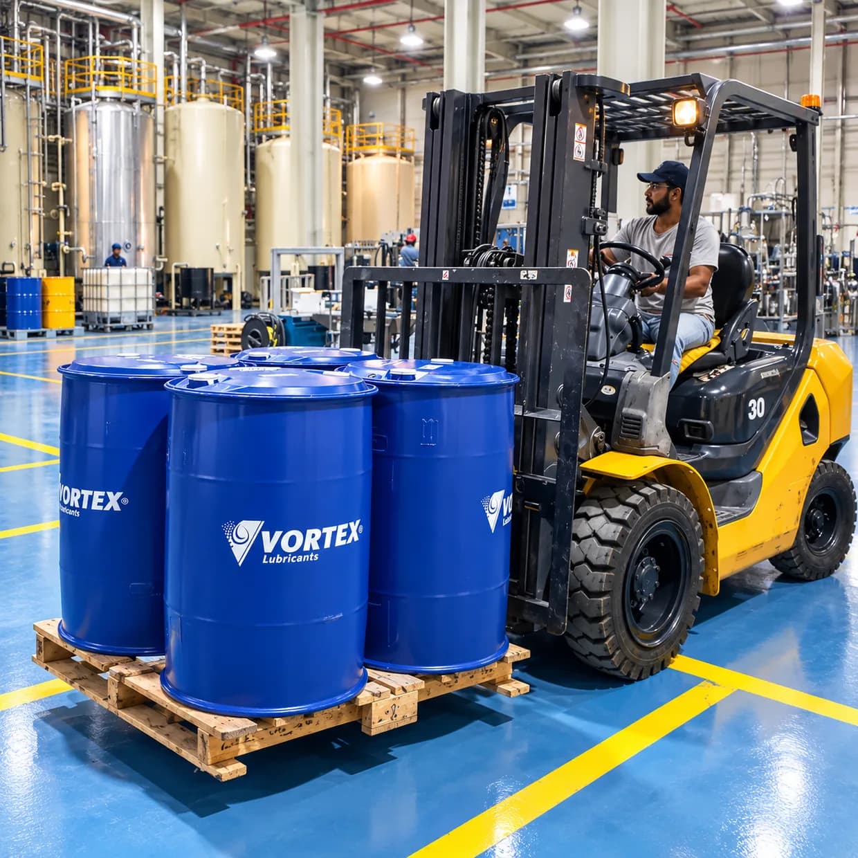 A forklift moving a pallet of blue VORTEX drums past the blending tanks