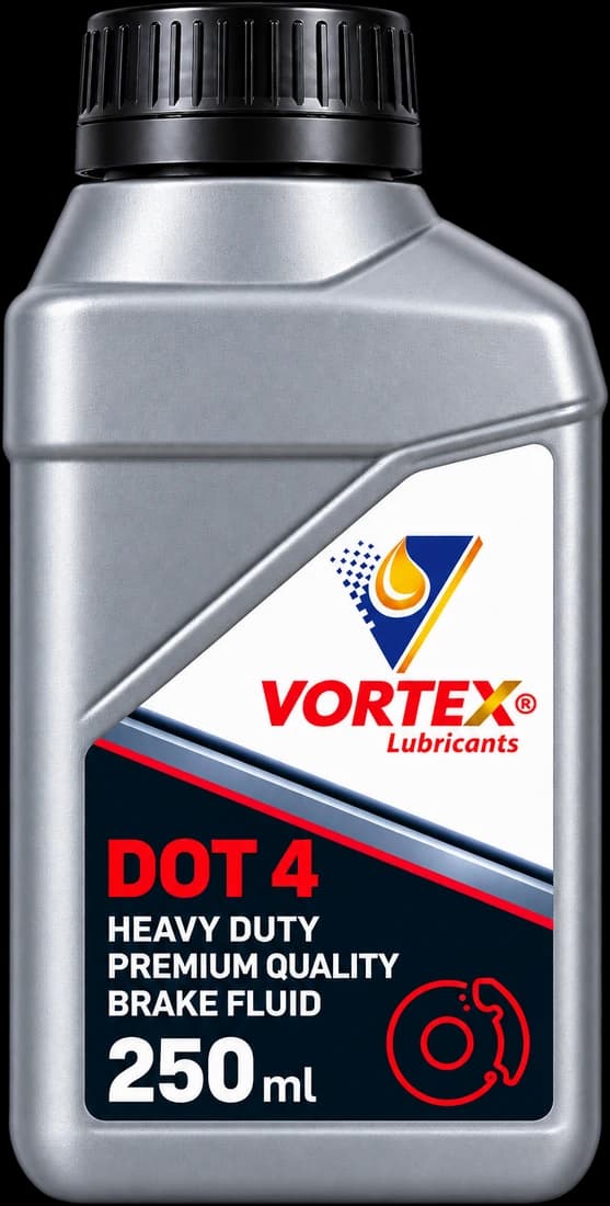 VORTEX DOT 4 heavy duty premium quality brake fluid in a two hundred and fifty millilitre bottle
