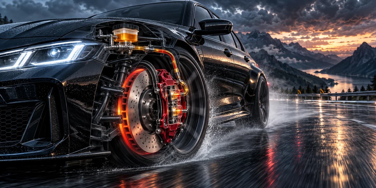 A performance saloon braking hard on a wet mountain road at dusk, its front brake assembly cut away to show the disc glowing red, the caliper and the fluid reservoir