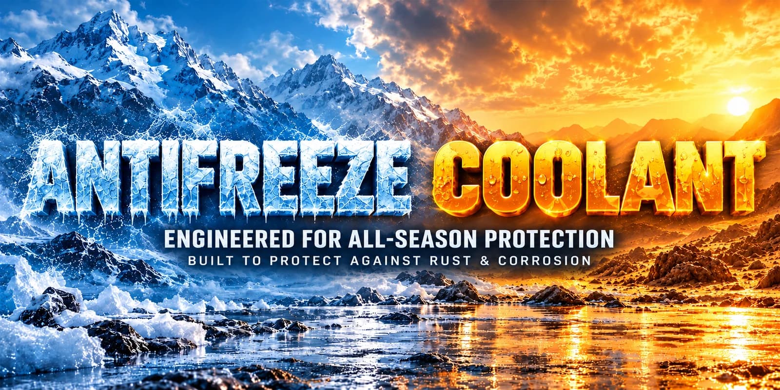 Antifreeze Coolant banner — frozen peaks on one side and a desert sunrise on the other, lettered “Engineered for all-season protection” and “Built to protect against rust & corrosion”