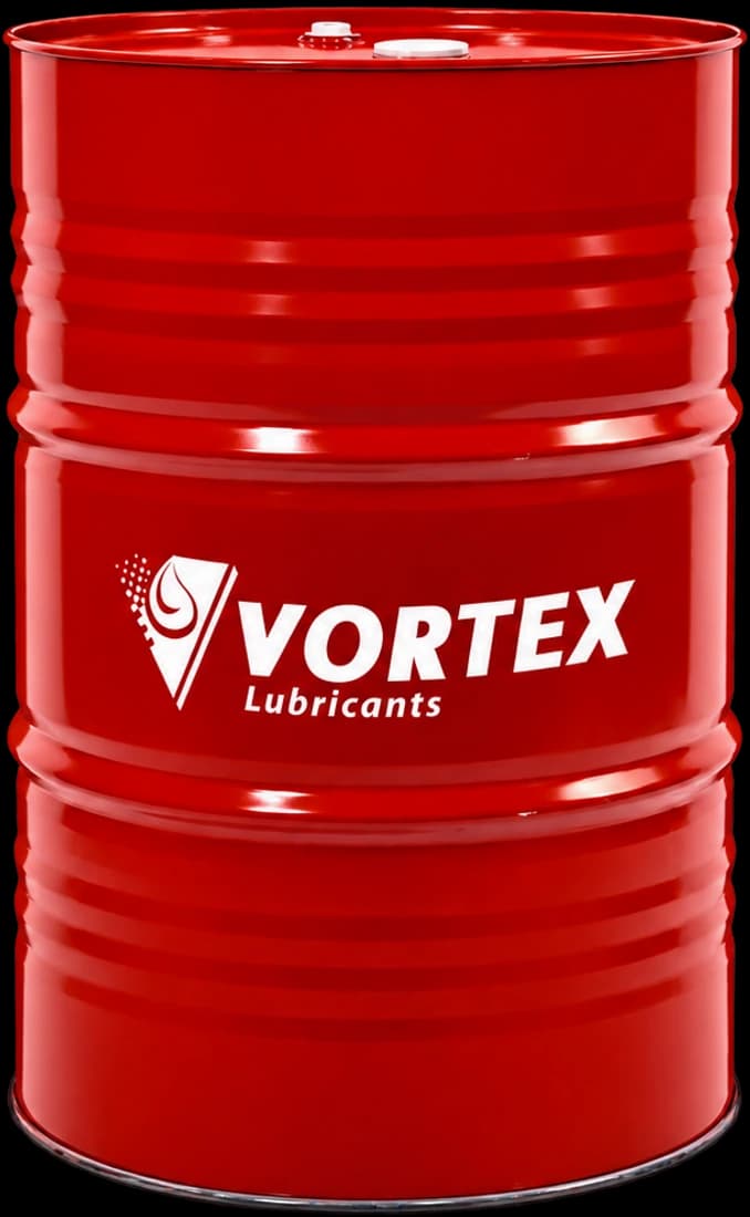 A red VORTEX Lubricants two hundred and eight litre steel drum