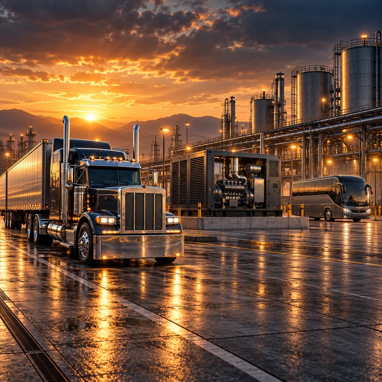 A heavy tractor unit, a diesel generator set and a coach standing on wet ground in front of a lit refinery at sunrise