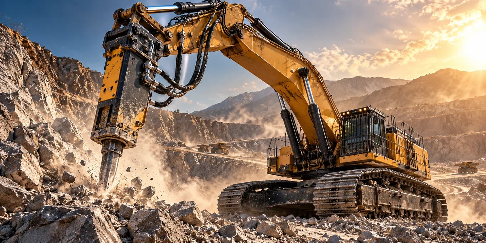 A tracked excavator working a quarry face with a hydraulic breaker, its boom rams and hoses in full extension