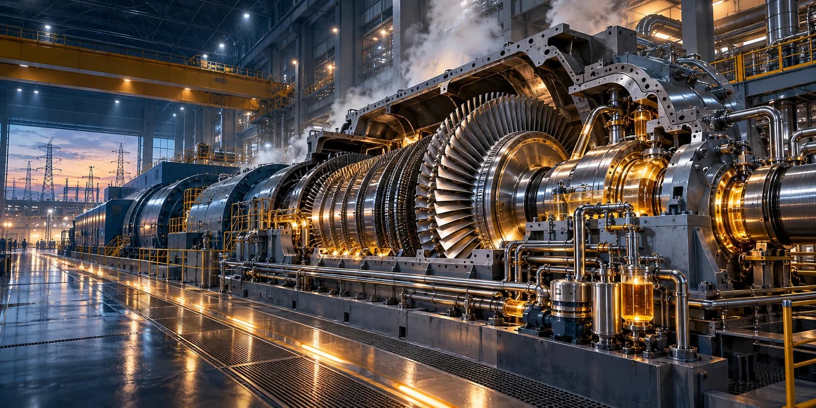 A steam turbine opened along its length in a power-station hall at dusk, its blading and bearing housings exposed, with transmission towers beyond the doors