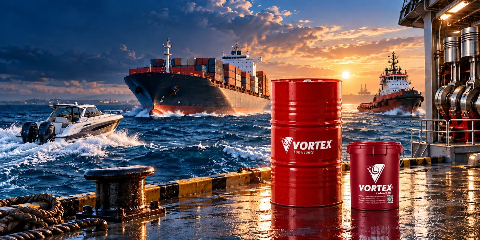 A container ship and a tug under way at sunset beyond a wet quayside, with a VORTEX drum and pail standing on the dock and an engine room visible to one side